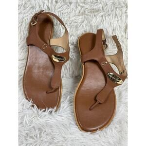 Michael Kors Sandals Womens Size 8M Brown Leather T-Strap Gold Logo Plate Flat